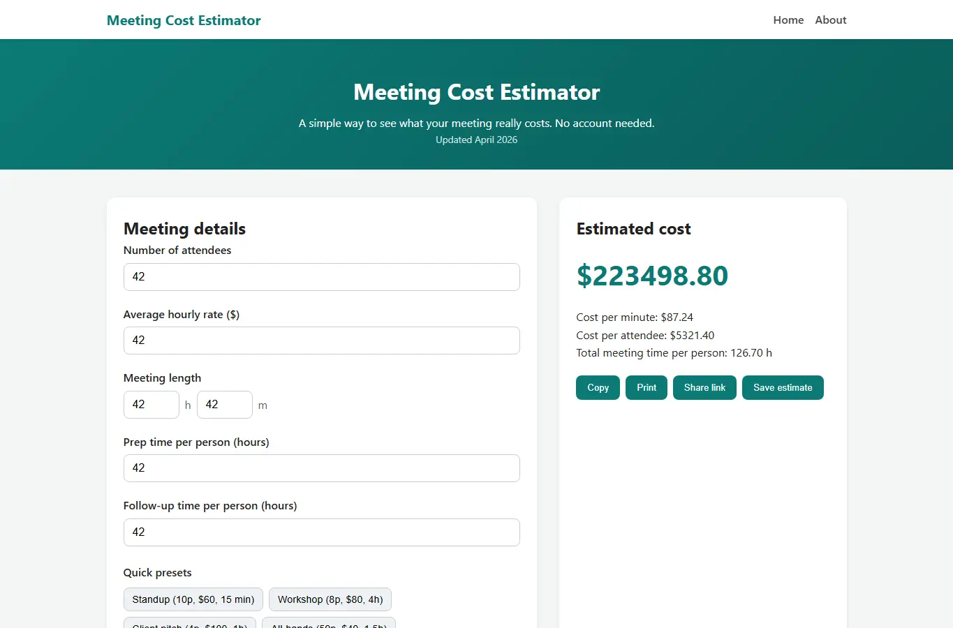 Screenshot of Meeting Cost Estimator interface showing the project page in use